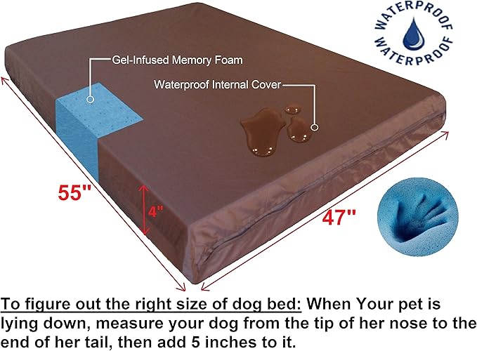 Dogbed4less Orthopedic Waterproof Heavy Duty Gel Cool Memory Foam Dog Bed for Large pet, Nylon Cover in Brown, Jumbo 55"X47"X4"
