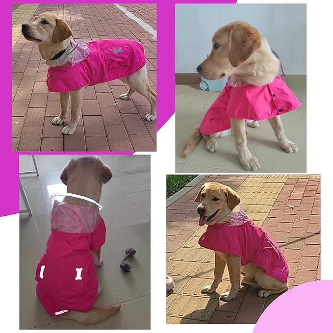Waterproof Dog Raincoat, Adjustable Reflective Lightweight Pet Rain Clothes with Poncho Hood (Medium, Dark Pink)