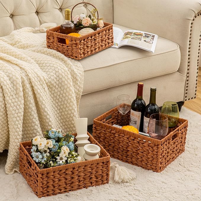 Set of 3 Wicker Storage Baskets, Decorative Baskets With Built-in Handles, Multipurpose Nesting Countertop Baskets for Shelves, Kitchen Organizers, Pantry, Bathroom, Toilet, Closet (Natural)