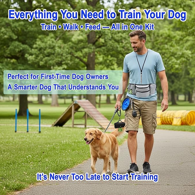 Dog Training Starter Kit for Beginners, 5-Piece Puppy Training Set with Reflective Leash, Clicker, Adjustable Whistle, Collapsible Slow Feeder Bowl and Poop Bag Holder, New Dog Owner Essentials