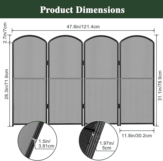 4-Panel Fireplace Screen, 47.8" W x 31" H Foldable Wrought Iron Fire Spark Guard, Decorative Metal Mesh Fireplace Cover for Living Room, Fire Cover for Baby,Pet Proof Safety Gate Black
