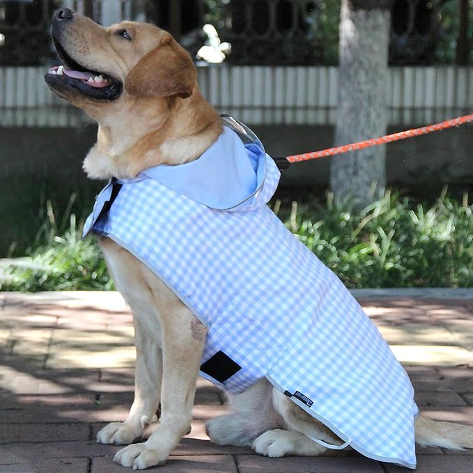 MAMORE Dog Raincoat Reversible,Waterproof Dog Rain Coat Hooded Slicker Poncho with Reflective Strip, Plaid Double Layer Rain Jacket for Small Medium Large Dogs (Light Blue, X-Small)