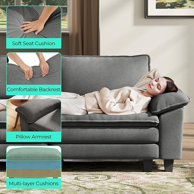 LINSY HOME 157'' Modular Sectional Sofa Grey Couch Corduroy Cloud Couches for Living Room, U Shaped Couch with Movable Ottoman, Modern Cloud Sectional Sofas for Bedroom and Apartment, Grey