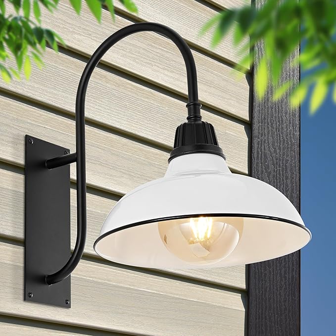 JONATHAN Y JYL7614A Stanley 12.25" 1-Light Farmhouse Industrial Indoor/Outdoor Iron LED Gooseneck Arm Outdoor Sconce Metal Bowl Shade Vintage Cottage Rustic Porch Patio Yard Barn, White