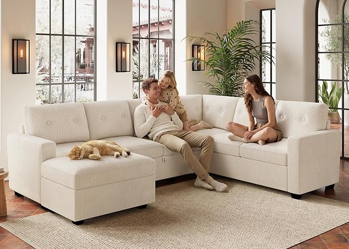 HONBAY 106.2 Inch U-Shaped Sectional Sleeper Sofa with Pull-Out Bed & Storage Ottoman, 7-Seater Sectional Sofa for Living Room, Pet-Resistant Corduroy Couch, Beige