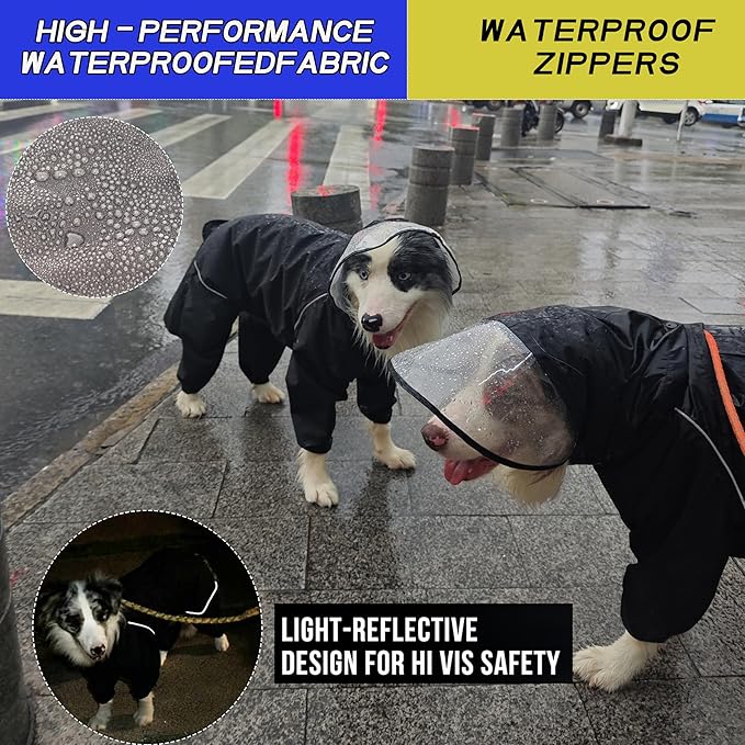 Dog Raincoat for Medium Large Dogs,rain Jacket Coat, Full Leg Coverage Waterproof Rain Suit with Detachable Hood & Tail, Reflective Strips, Snag-Free Top Zipper (Green for Boy, Medium)
