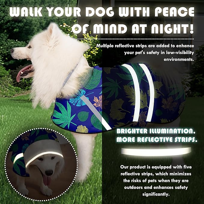 Dog Raincoat, Adjustable Rain Jacket with Hooded Double Layer for Large Medium Small Dogs Puppies, Lightweight Waterproof Rain Coat Poncho with Reflective Stripe Leaf Blue,L