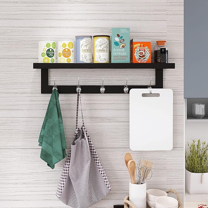SMIBUY Coat Hooks with Shelf Wall-Mounted, 29.2 Inch Entryway Coat Rack for Wall, Bamboo Hanging Shelf with 5 Double Metal Hooks for Bathroom, Bedroom, Kitchen, Living Room, Mudroom (Black+Silver)
