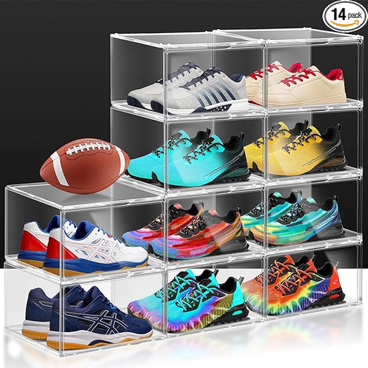 14 Pack Plastic Shoe Boxes Fit US Size 13, Clear Stackable Shoe Display Case with Magnetic Acrylic Door Shoe Containers for Sneaker Storage, Hats, Figure, Collectible