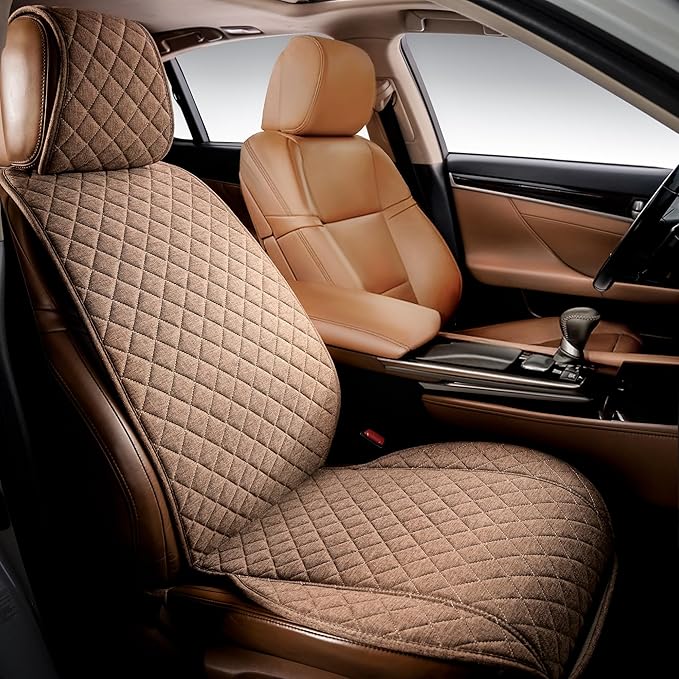 IVICY Faux Linen Car Seat Cover for Cars - Durable & Non-Slip - Front Car Seat Protector Covers for Most Automotive, Vans, SUVs, Trucks - 1 Unit – Light Brown