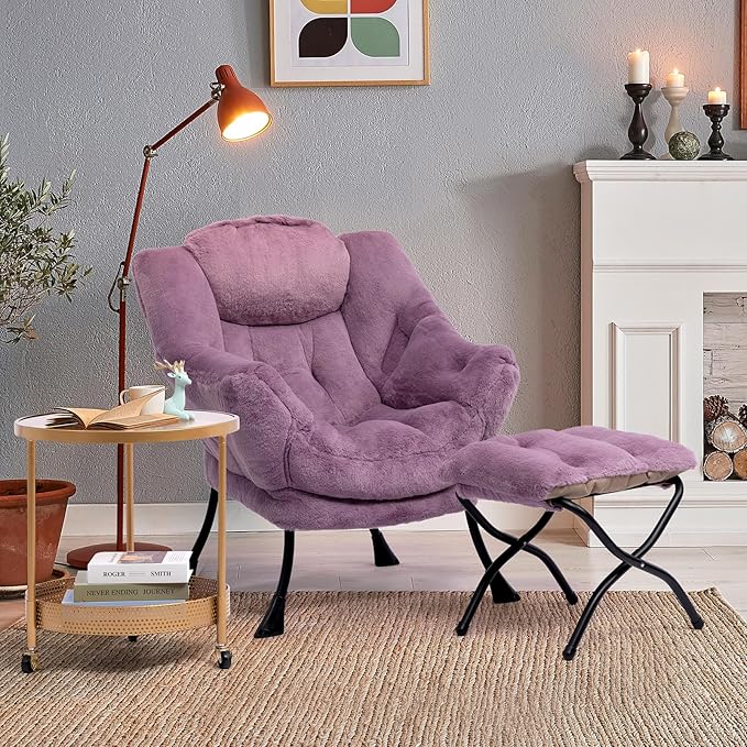 HollyHOME Lazy Chair with Foldable Ottoman, Accent Comfy Lounge Armchair and Folding Footrest Stool, Leisure Sofa Reading Chair and Footstool for Living Room, Bedroom, Dorm,Faux Fur Purple