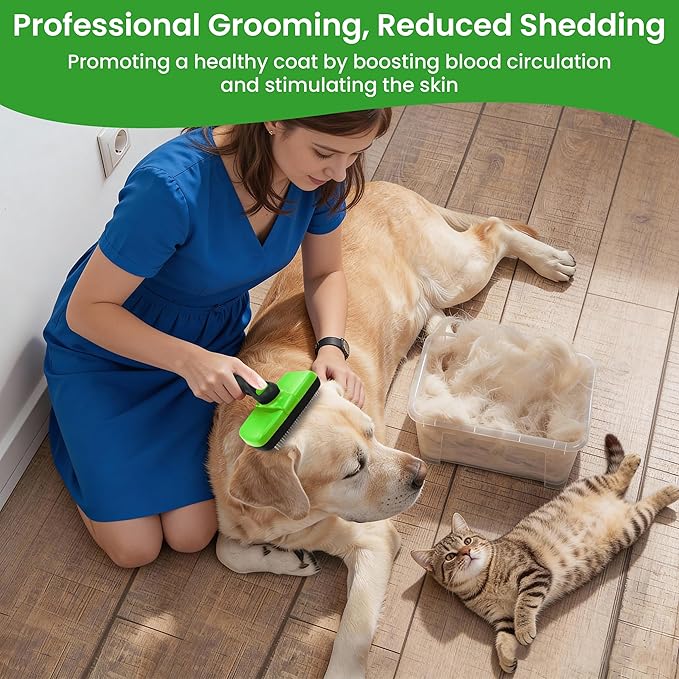 A De-Shedding Brush and a Magic Pet Hair Remover Glove Set. A Self Cleaning Brush for Short Haired and Long Haired Dogs and Indoor Cats. A Grooming Comb and a Mitt with Improved Design.