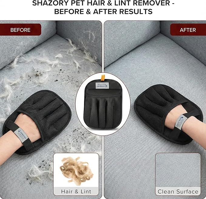 SHAZORY 2 Pack Electrostatic Pet Hair Removal Gloves – Lint Cleaning Mitts for Cats & Dogs, Reusable Pet Hair Remover Glove for Furniture Couch Carpet & Car, Grooming & De-Shedding Glove for Pet Hair