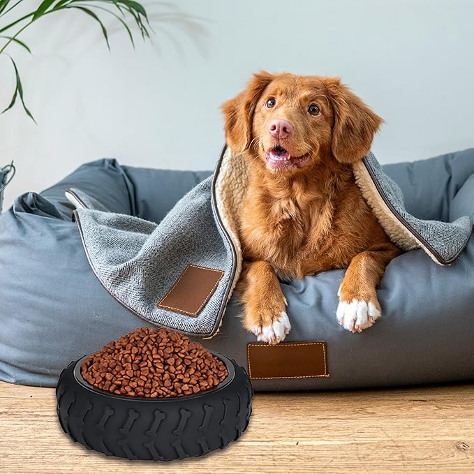 3-in-1 Funny Car Tire Dog Feeder - Non-Slip Slow Feeder & Stainless Steel Water Bowl for Wet, Raw Food & Water, Multifunctional for Small, Medium & Large Dogs，Feeding Vessels for Pets