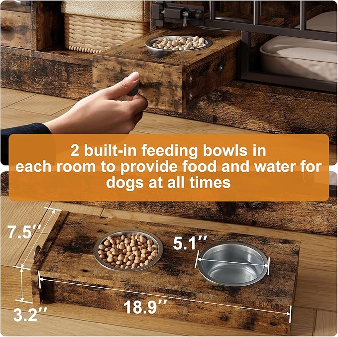 GarveeHome Dog Crate Furniture for 2 Dogs, Dog Kennel Indoor with Storage and Feeding Bowls, Double Dog Crate TV Stand for Small Medium Dogs, Brown
