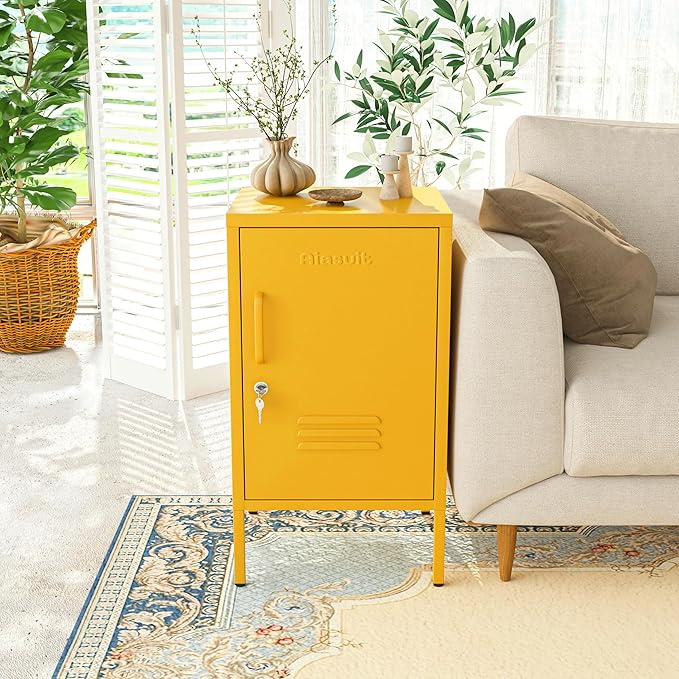 Single Door Lockable Metal End Table, 2-Tier Storage Cabinet with Adjustable Shelf, Easy Assembly Side Table for Living Room Bedroom Home Office, Yellow 28" H x 13.8" W x 15" D