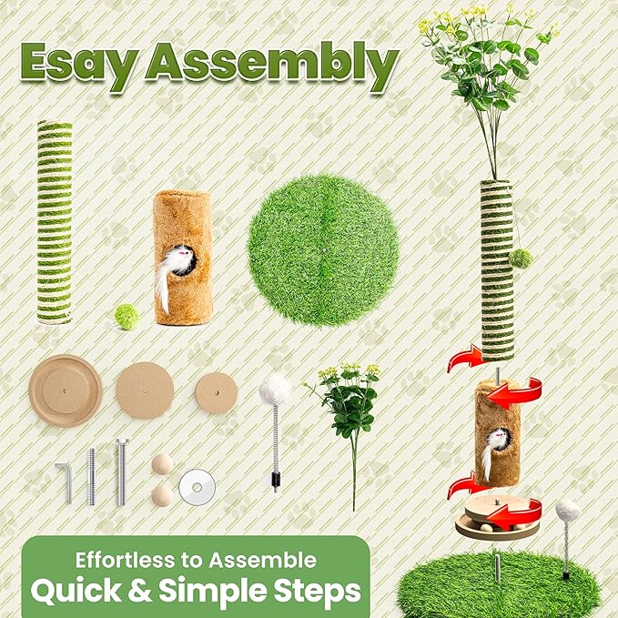 Cat Scratching Post 39'' Tall with Interactive Ball & Mouse Hole for Indoor Adult Cats, Sisal Rope Cat Tree Tower, Kitty Scratcher Furniture with Artificial Grass Tree for Kittens Cat Toys