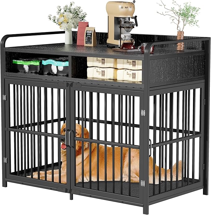 Large Dog Crate Furniture with Drawers Storage, Puppy Dog Kennel Indoor with Double Doors, Heavy Duty Wooden Dog Cage Table, Sturdy Metal, Black