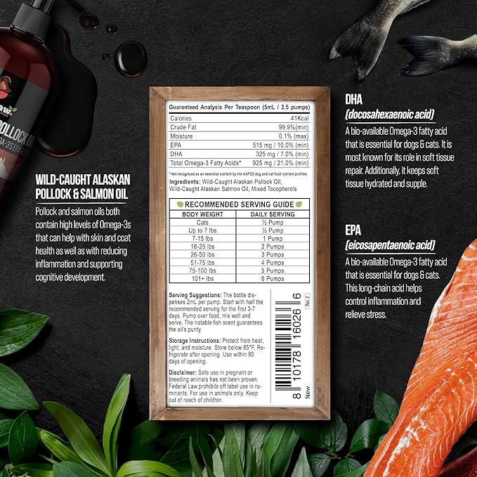 Best Paw Nutrition Wild Alaskan Salmon & Pollock Oil for Dogs & Cats – Fish Oil for Dogs Liquid Pump – Omega 3 EPA DHA – Skin & Coat, Itch & Shedding Support – Joint Supplement – 16 oz