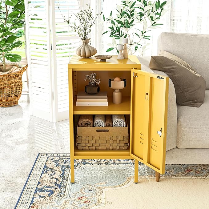 Single Door Lockable Metal End Table, 2-Tier Storage Cabinet with Adjustable Shelf, Easy Assembly Side Table for Living Room Bedroom Home Office, Yellow 28" H x 13.8" W x 15" D