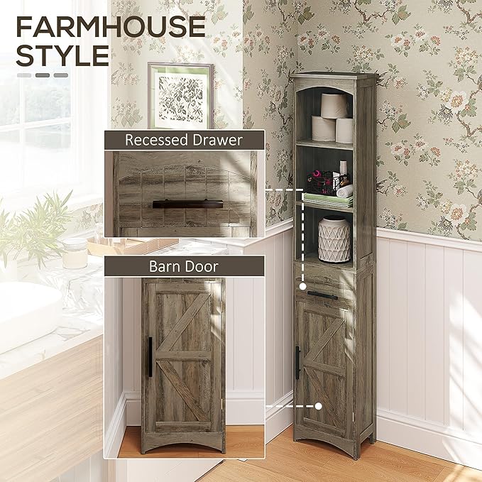 HOMCOM Tall Bathroom Storage Cabinet, Farmhouse Narrow Bathroom Storage Cabinet with Recessed Drawer and Barn Door, Linen Cabinet, Weathered Gray Oak