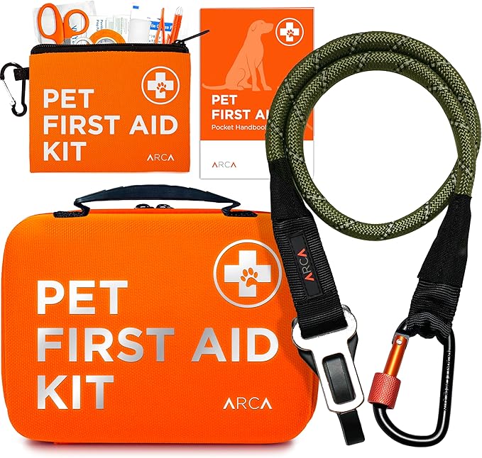 Travel Safety Bundle – First Aid Kit & Dog Seat Belt | Essential Pet Travel Accessories for Road Trips, Camping & Outdoor Adventures (Army Green)