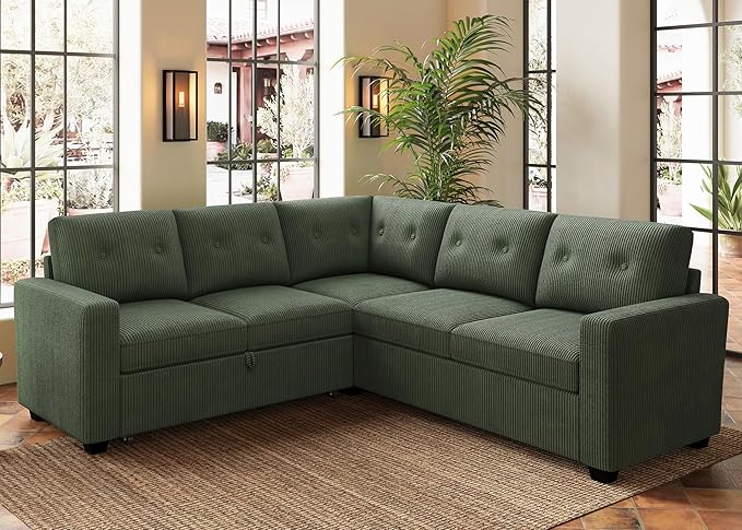 HONBAY 83.4 Inch U-Shaped Sectional Sleeper Sofa with Pull-Out Bed, 5-Seater Sectional Sofa for Living Room, Pet-Resistant Corduroy Couch, Green