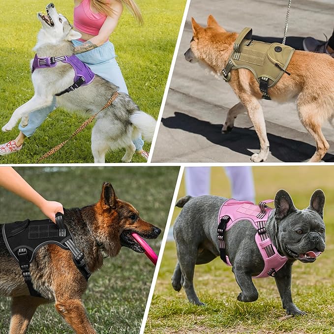 Tactical Dog Harness for Large Dogs, Heavy Duty No Pull Military Service Vest with Control Handle & 4 Patches, Adjustable Reflective Soft Padded Pet Harness for Training Walking Hiking (Purple, XL)