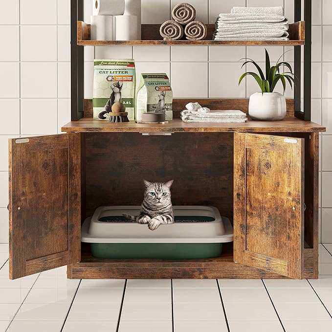 IRONCK Litter Box Enclosure with 4 Shelves and Doors, Large Wood Cat Litter Box Furniture Hidden with Storage and Scratch, Fit Most of Litter Box, Vintage Brown