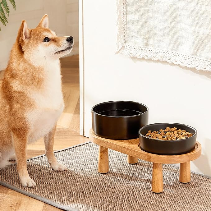 Ceramic Slow Feeder and Water Bowl Set for Small Dogs, 6.0 Inch Ceramic Dog Bowls Elevated with Wooden Stand, 0.6 Cups Dog Slow Feeder(14oz) and 30oz Water Bowl Set, Black