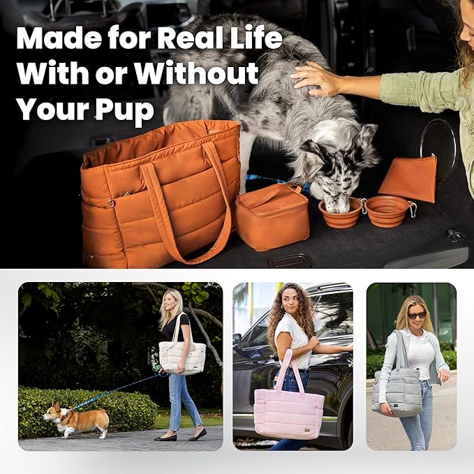 Puffer Dog Travel Bag for Dog Moms – Doggy Diaper Bag with Pet Bowls & Food Storage or Everyday Puffy Tote – Christmas Doggy Mom Gifts for Women – Lightweight, Travel-Ready Gift for Pet Lovers - Pink