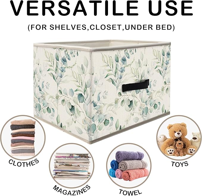 Nogrit Watercolor Botanical Storage Bins Box, Toybox for Girls Boys, Green Leafy Plant Foldable Baskets Organizer Container with Handles for Bedroom Bathroom Kids Room Dorm Clothes Toys Books