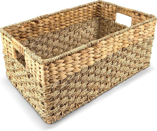 Medium Wicker Basket for Storage, Natural, Seagrass and Hyacinth Woven Baskets for Décor with Built-In Handles, Rectangular, Shelf Organizing for Bedroom, Pantry - Medium Size - 15.5x9.5x6.5 in