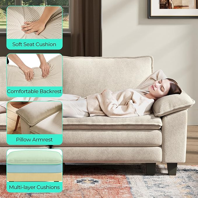 LINSY HOME Modular Sectional Sofa - Oversized Corduroy Cloud Couch with Movable Ottoman Soft Modern Comfy Sofa Set for Living Room Apartment Office, Beige