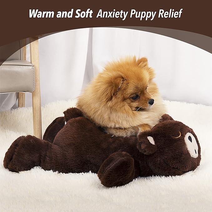 PetPrime Dog Heart beat Puppy Plush Bear Toy - with Warmer Bag Pet Soft Anxiety Puppy Relief Toy Heartbeat Stuffed Animal Sleeping Buddy Anxiety Dog Toy (Brown Bear)
