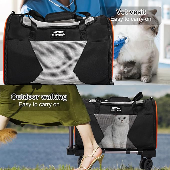 Cat Carrier with Wheels – Airline Approved Pet Travel Backpack, Soft-Sided Collapsible Rolling Carrier for Cats and Small Dogs, Expandable Top Loading Ventilated Design, Black