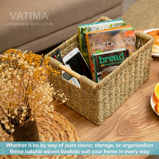 Large Wicker Storage Basket with Wooden Handles, Seagrass Basket for Shelves, Natural Wicker Bin With Handle for Storage 14.5 x 10.3 x 7.5 inches