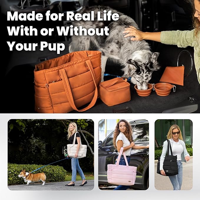Puffer Dog Travel Bag for Dog Moms – Doggy Diaper Bag with Pet Bowls & Food Storage or Everyday Puffy Tote – Christmas Doggy Mom Gifts for Women – Lightweight, Travel-Ready Gift for Pet Lovers - Black