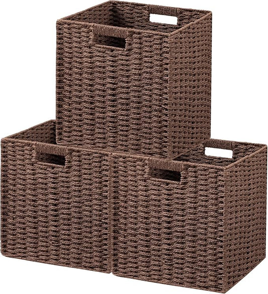 UBBCARE 3 Pack Wicker Basket, 11L×11H×10.5W inch Woven Paper Rope Storage Baskets for shelves, Foldable Cube Storage bin with Handle, Storage Basket for Organizing & Decor, Brown