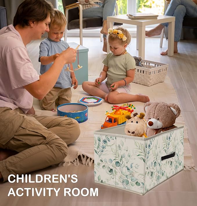 Nogrit Watercolor Botanical Storage Bins Box, Toybox for Girls Boys, Green Leafy Plant Foldable Baskets Organizer Container with Handles for Bedroom Bathroom Kids Room Dorm Clothes Toys Books