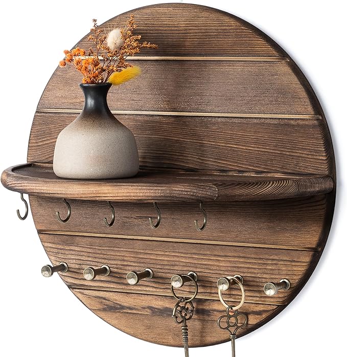 Rebee Vision Pine Wood Key Holder Wall Mount – Rustic Wooden Key Hooks for Wall with Shelf – Decorative Mail Organizer, Coat Rack & Dog Leash Holder for Home Decor, Entryway and Living Room (Brown)