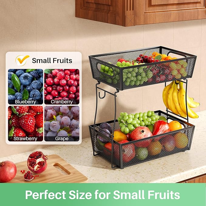 2 Tier Fruit Basket Bowl for Kitchen Counter with 2 Banana Hangers, Countertop Metal Mesh Basket Stand Fruit Holder for Veggies Onion Potato Bread Snack, Black