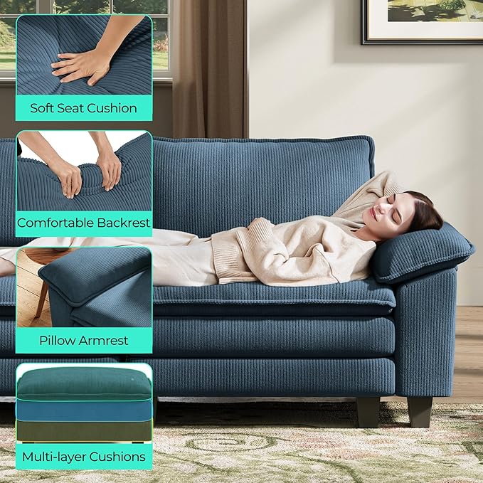 LINSY HOME Modular Sectional Sofa - 123 Inch Oversized Corduroy Cloud Couch with Movable Ottoman Soft Modern Comfy Sofa Set for Living Room Apartment Office, Blue