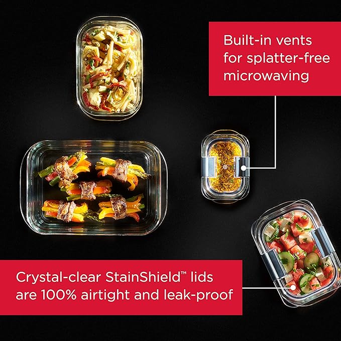 Rubbermaid Brilliance Glass Storage 3.2-Cup Food Containers with Lids, BPA Free and Leak Proof, Medium, Clear, Pack of 4 & Brilliance Food Storage Container, Large, 9.6 Cup, Clear 2024351