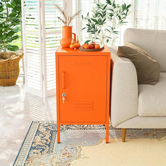 Single Door Lockable Metal End Table, 2-Tier Storage Cabinet with Adjustable Shelf, Easy Assembly Side Table for Living Room Bedroom Home Office, Orange 28" H x 13.8" W x 15" D