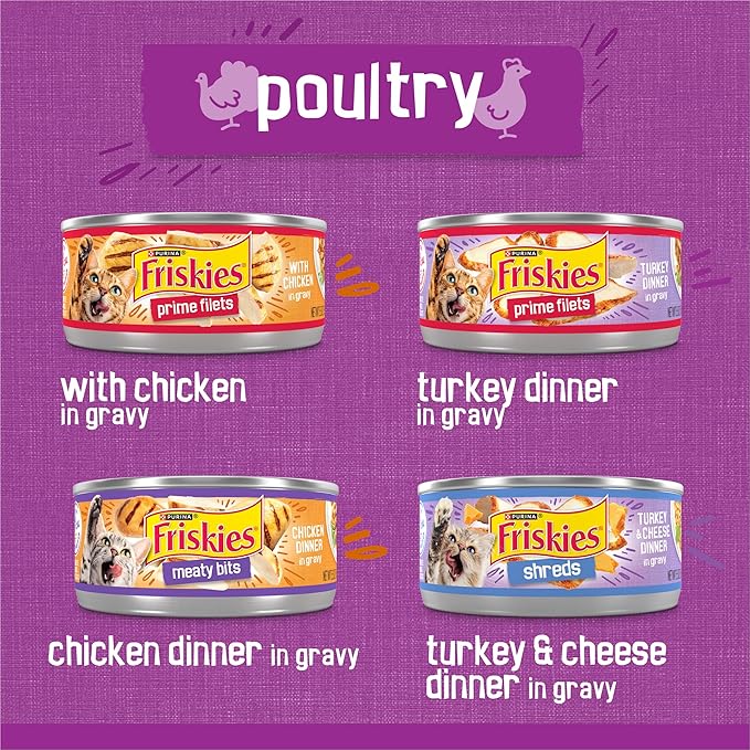 Friskies Purina Gravy Wet Cat Food Variety Pack, Poultry Shreds, Meaty Bits and Prime Filets - (Pack of 64) 5.5 oz. Cans