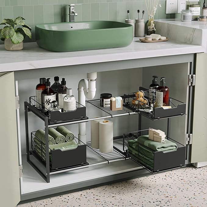 Adjustable Under Sink Organizers and Storage — Expandable Cabinet Storage Shelf with 4 Pull Out Baskets