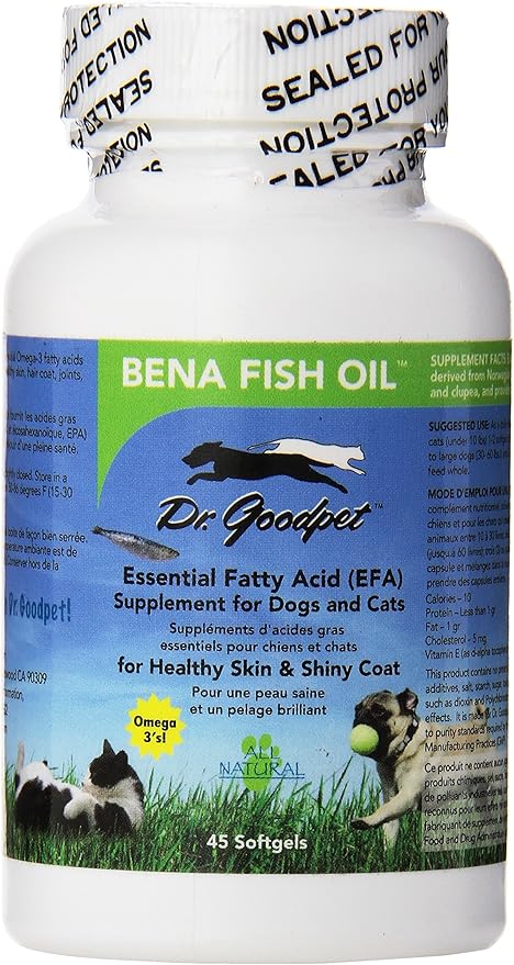 Dr. Goodpet Bena Fish Oil Softgels | Pure Omega-3 EPA & DHA Supplement for Dogs & Cats | Supports Skin & Coat, Joint, Brain, Heart & Eye Wellness | 45 Count