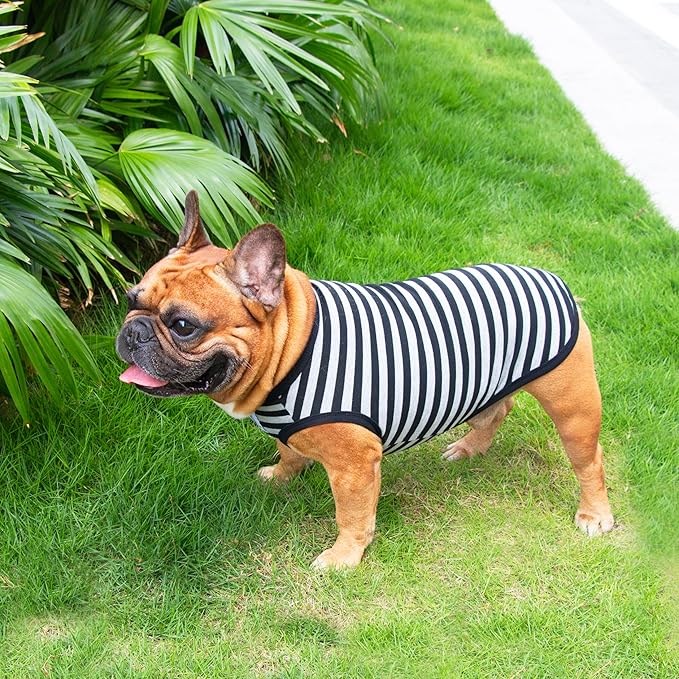 iChoue English Bulldog 100% Breathable Cotton Striped T Shirts Halloween Vest Clothes for Medium Dogs Tank Tops French Frenchie Pug Boston Terrier Pitbull Grey Black Stripes - XXLarge
