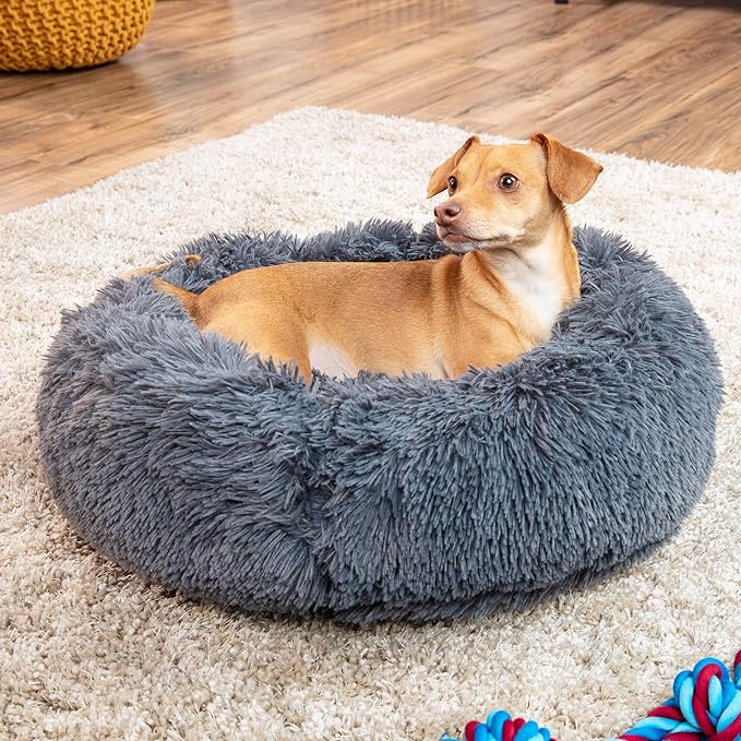 Best Choice Products 23in Dog Bed Self-Warming Plush Shag Fur Donut Calming Pet Bed Cuddler w/Water-Resistant Lining, Raised Rim - Gray